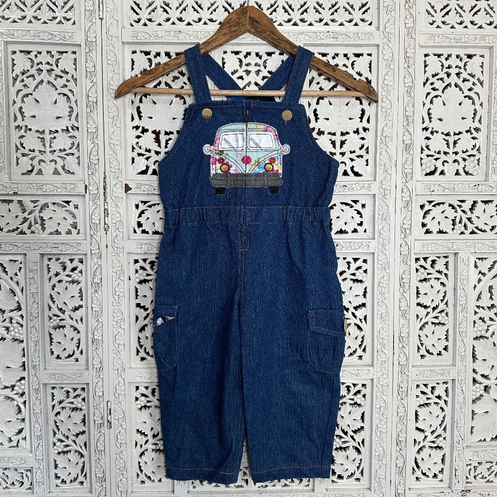 KIDS Handmade Retro Zip Up‎ Bus Appliqué Denim Overalls